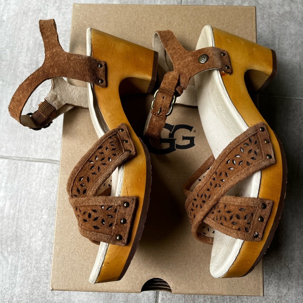UGG Brown Leather Sandals with Ankle Buckle